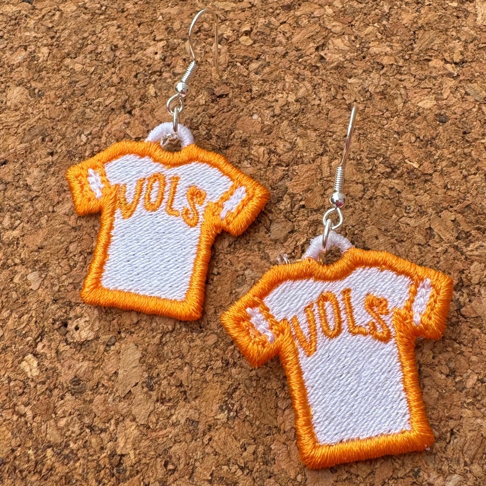 Tennessee Vols Gameday Earrings. White Jersey shaped with VOLS earrings